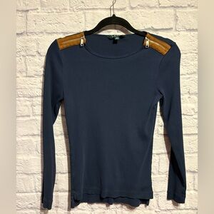 Lauren Ralph Lauren Navy Top with Tan Shoulder Accents Small